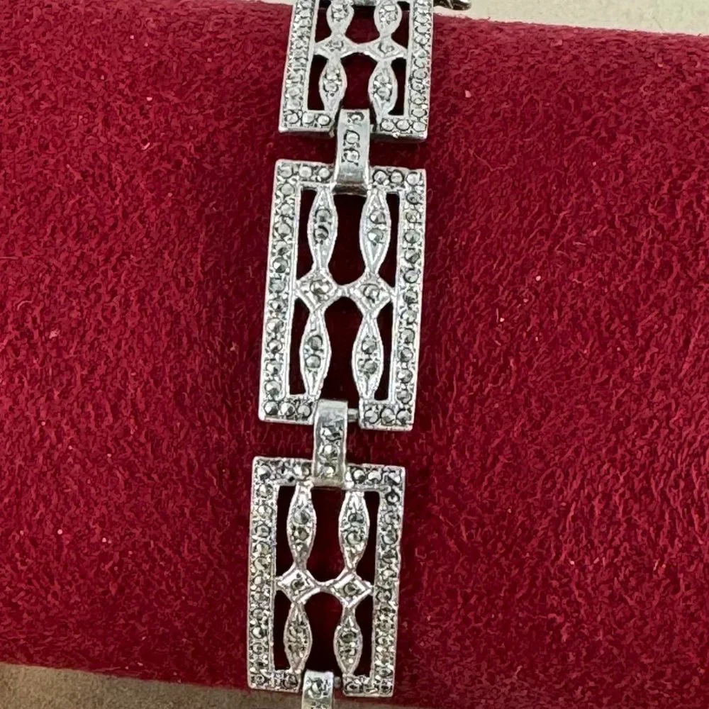 Vintage 1930's Sterling Silver  ART DECO Marcasite Lattice Style Bracelet - Picture 5 of 8